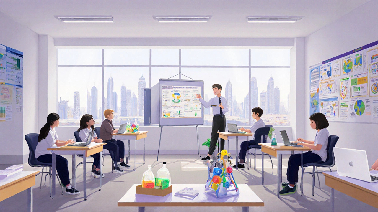 Students in a Dubai IB school presenting a collaborative science project.