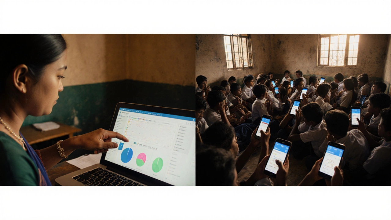 Teacher uploading a lesson while students across India access it on phones at home and in coaching centers.