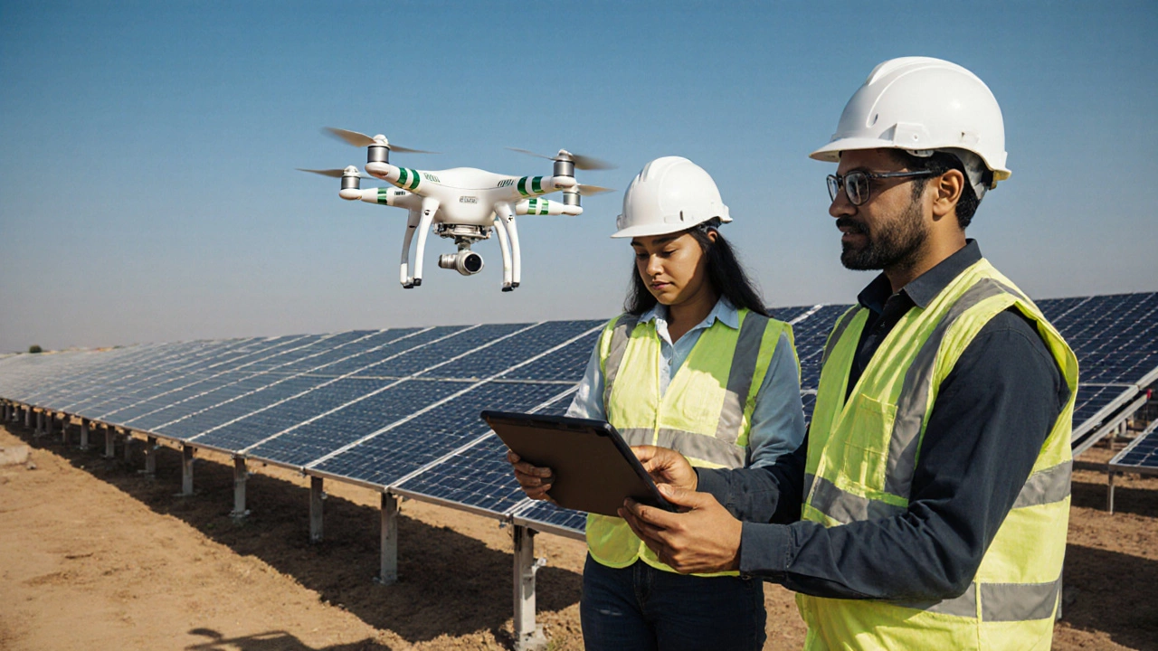 Technicians inspecting solar panels with a drone on a sunny farm in rural India.