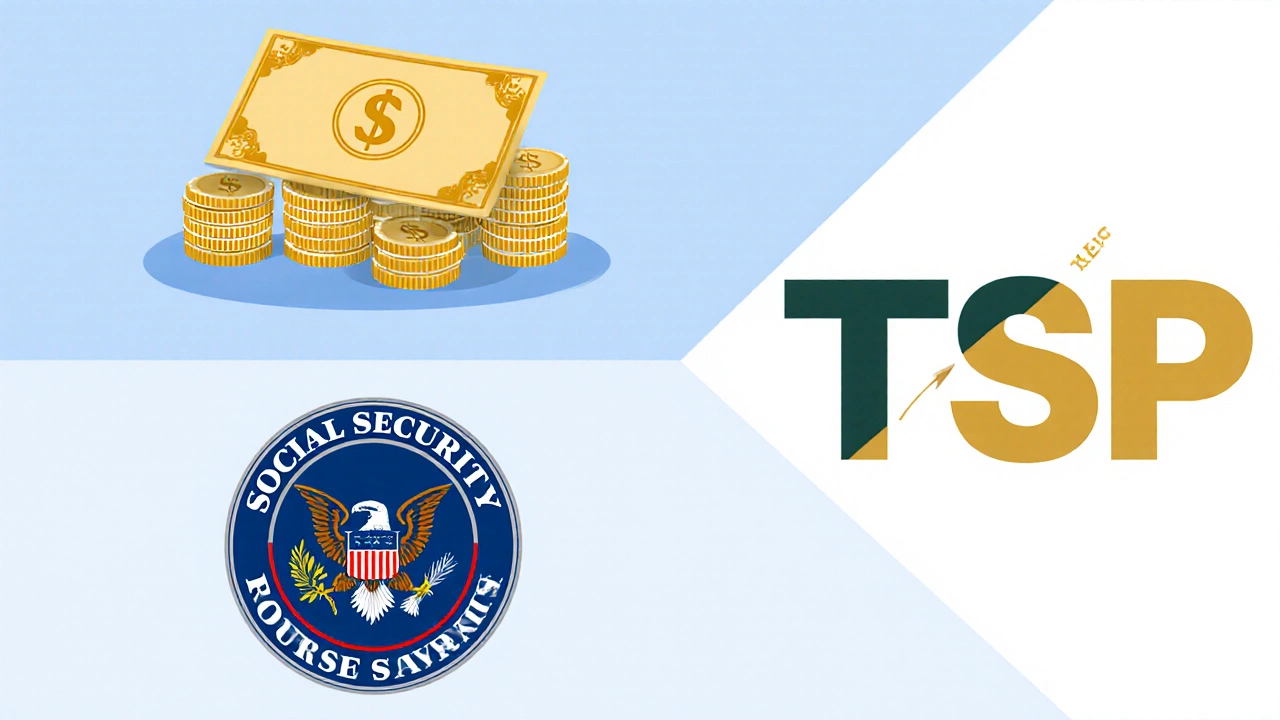 Three components of the FERS retirement system: pension, Social Security, and TSP with matching contributions.