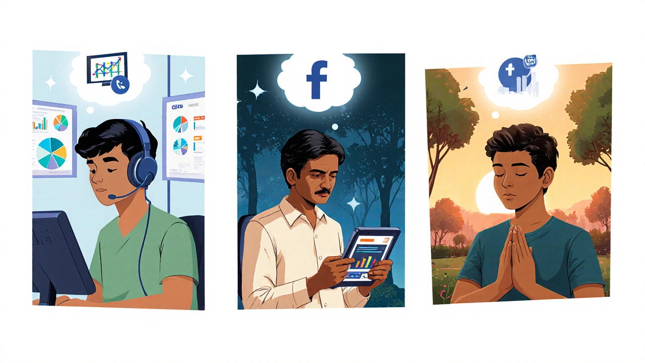 Three Indian adults using digital skills in daily life: data analysis, social media marketing, and mindfulness