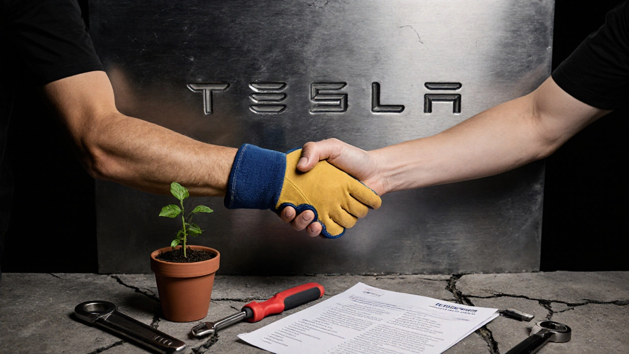 Two hands shaking against a Tesla logo, with tools and a plant symbolizing renewal.