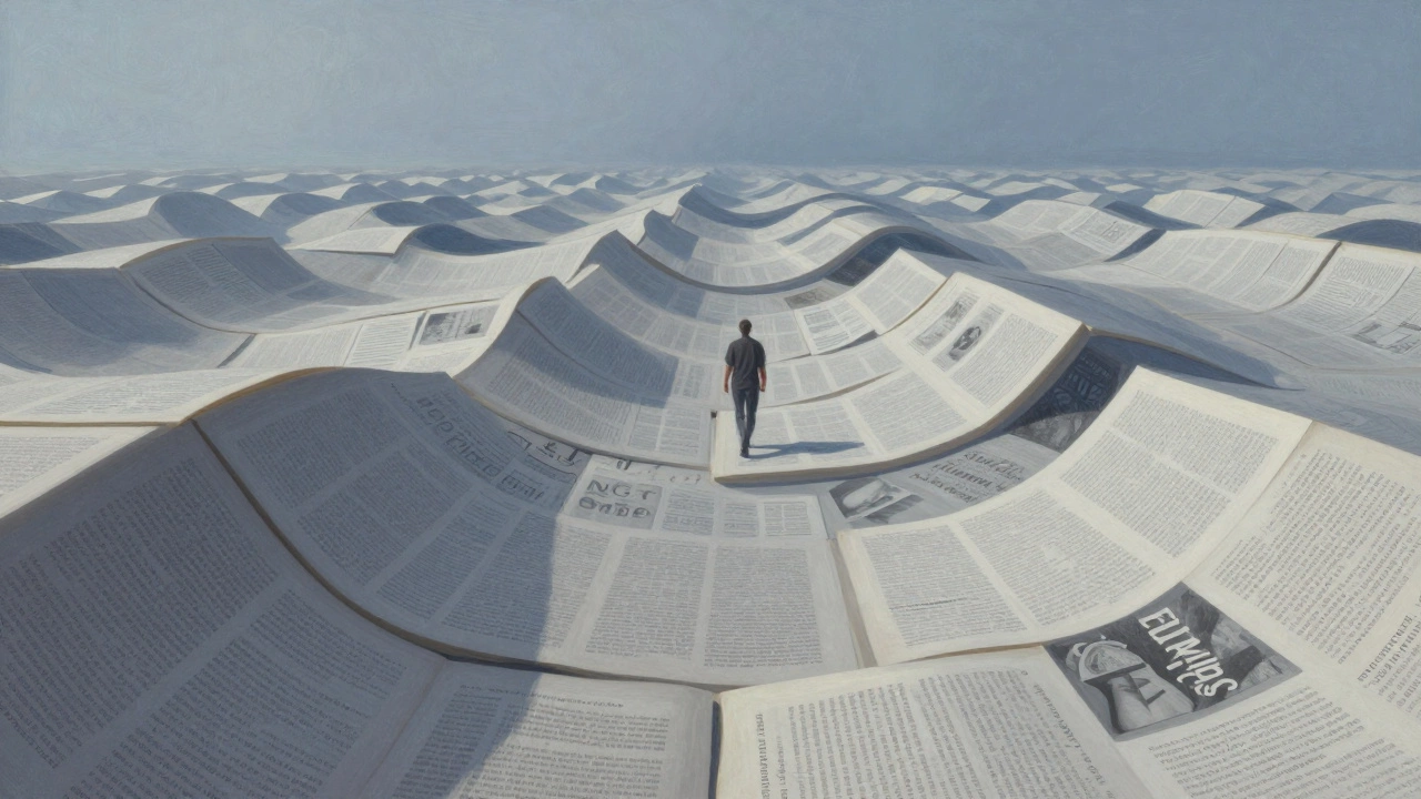 A shifting horizon made of fragmented text fragments, symbolizing unpredictable exam content.