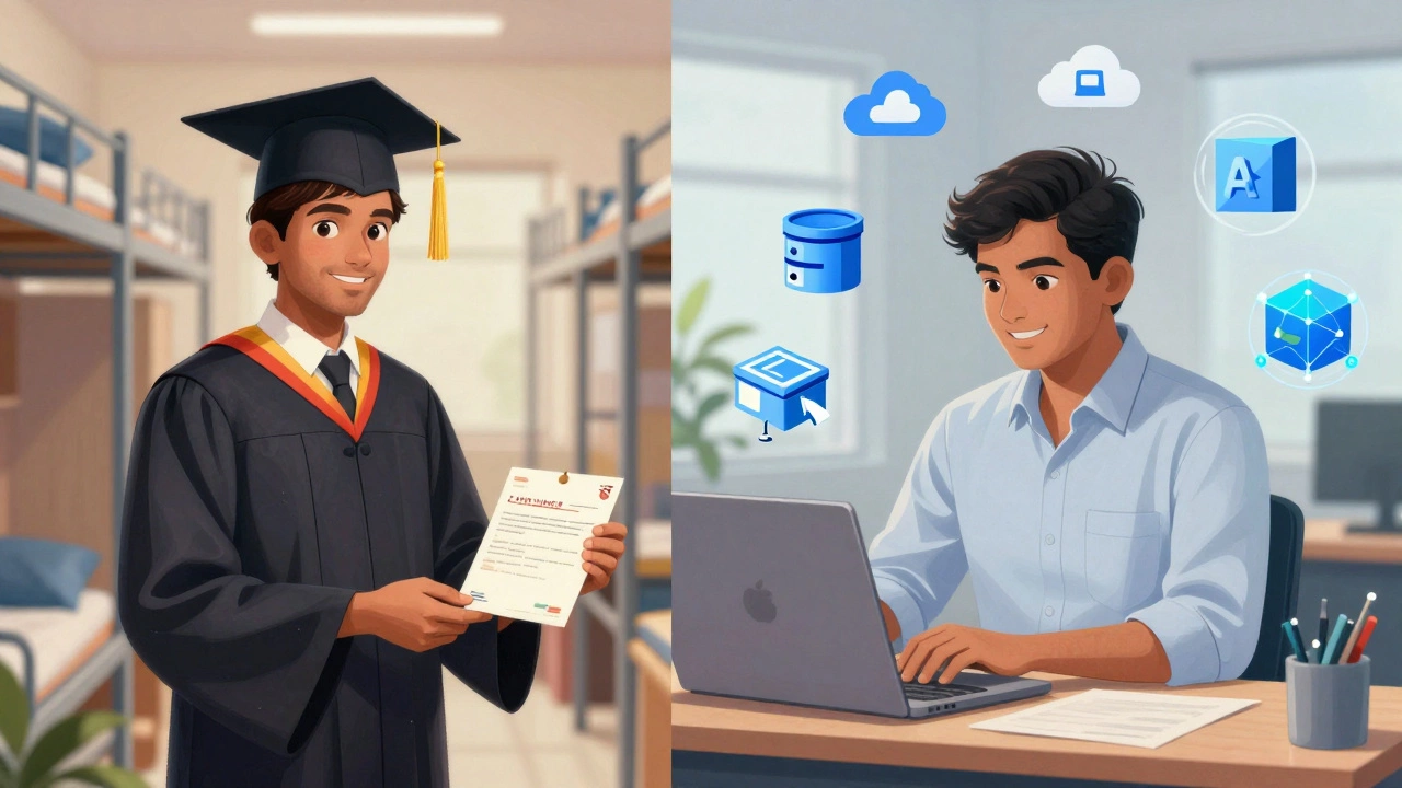 Before and after: junior developer grows from modest dorm to high-paying Bangalore office with tech icons surrounding them.