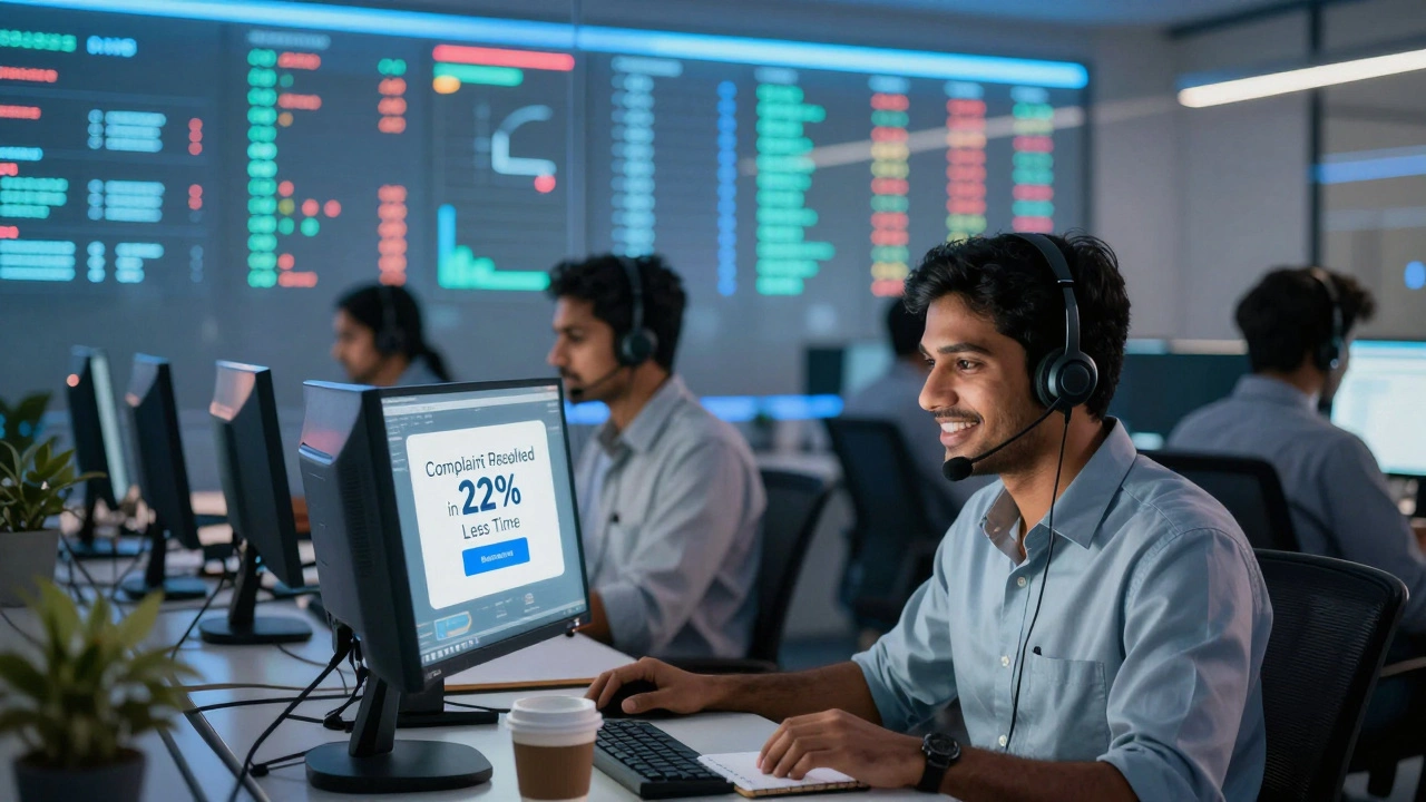 Call center agents in Bangalore with a monitor showing improved complaint resolution metrics.