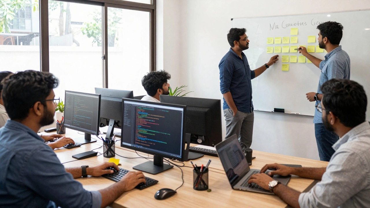 Diverse group collaborating in a co-working space, coding together.