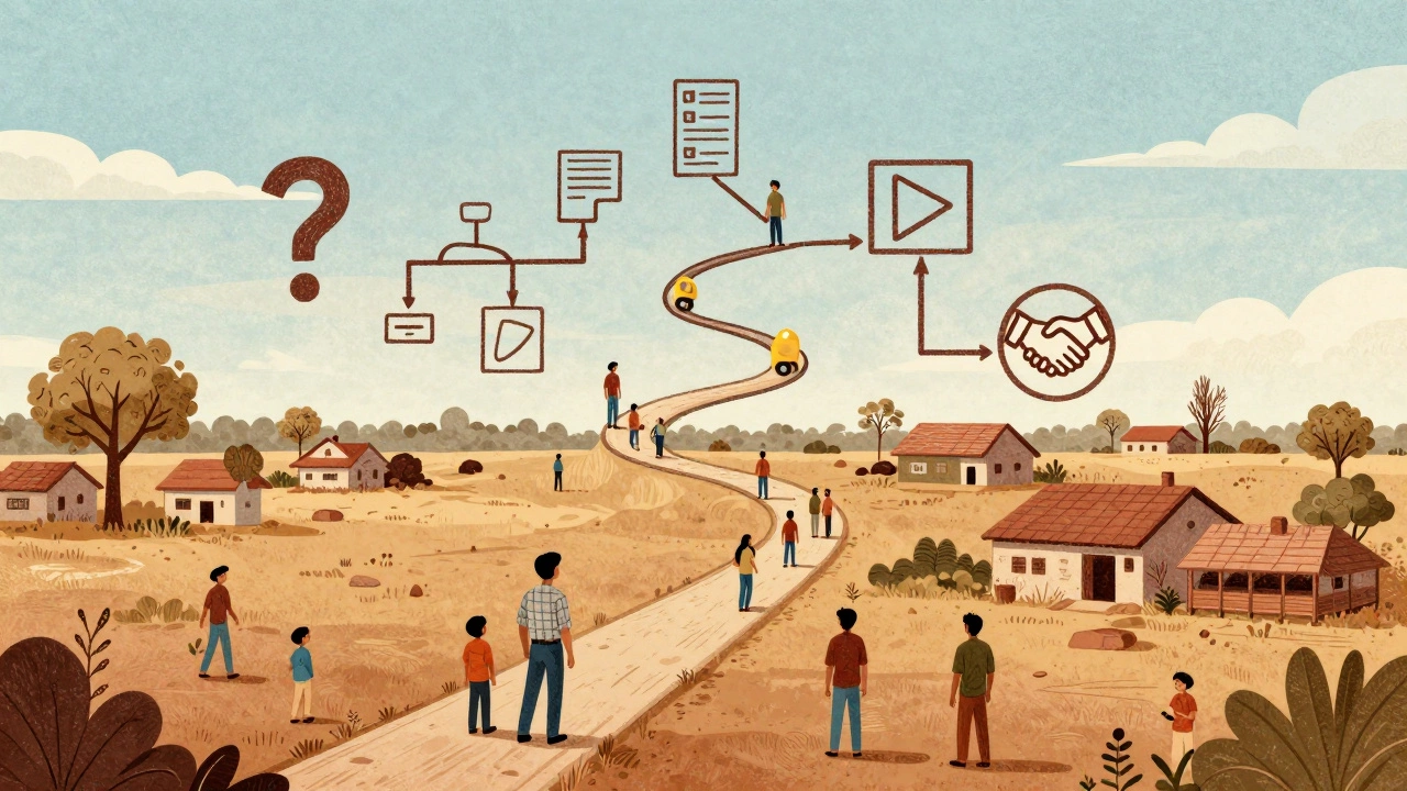 Illustrated learning journey path with icons leading through an Indian town, showing learners at different stages.
