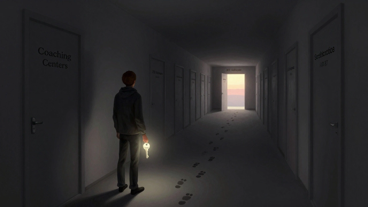 Lone figure holding self-discipline key, walking away from coaching doors toward success.