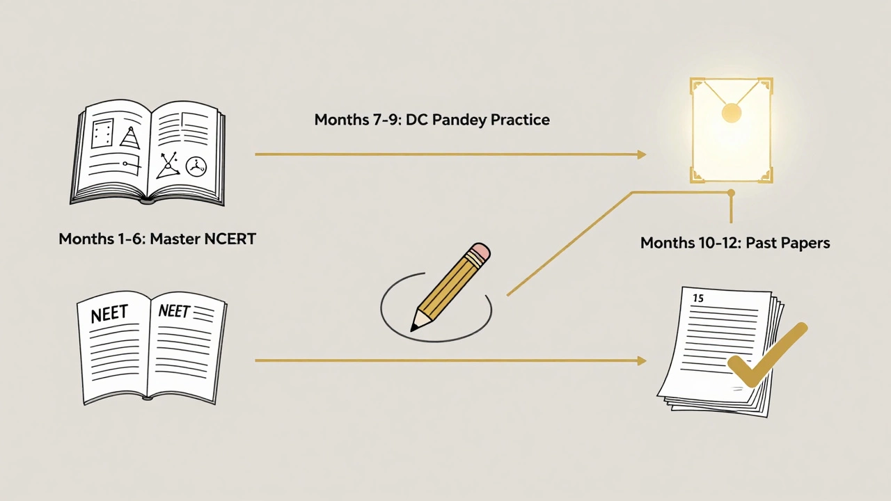 Minimalist roadmap showing three-phase NEET physics preparation strategy with NCERT, practice, and past papers.