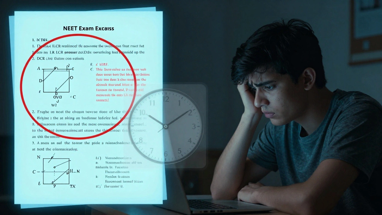 Split image showing NEET diagram question from NCERT vs complex DC Pandey problem under time pressure.