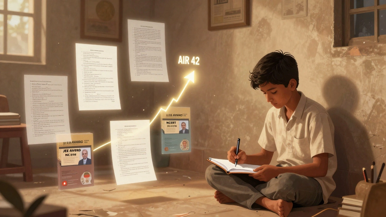 Student on floor surrounded by floating JEE papers and NCERT books, glowing progress graph.