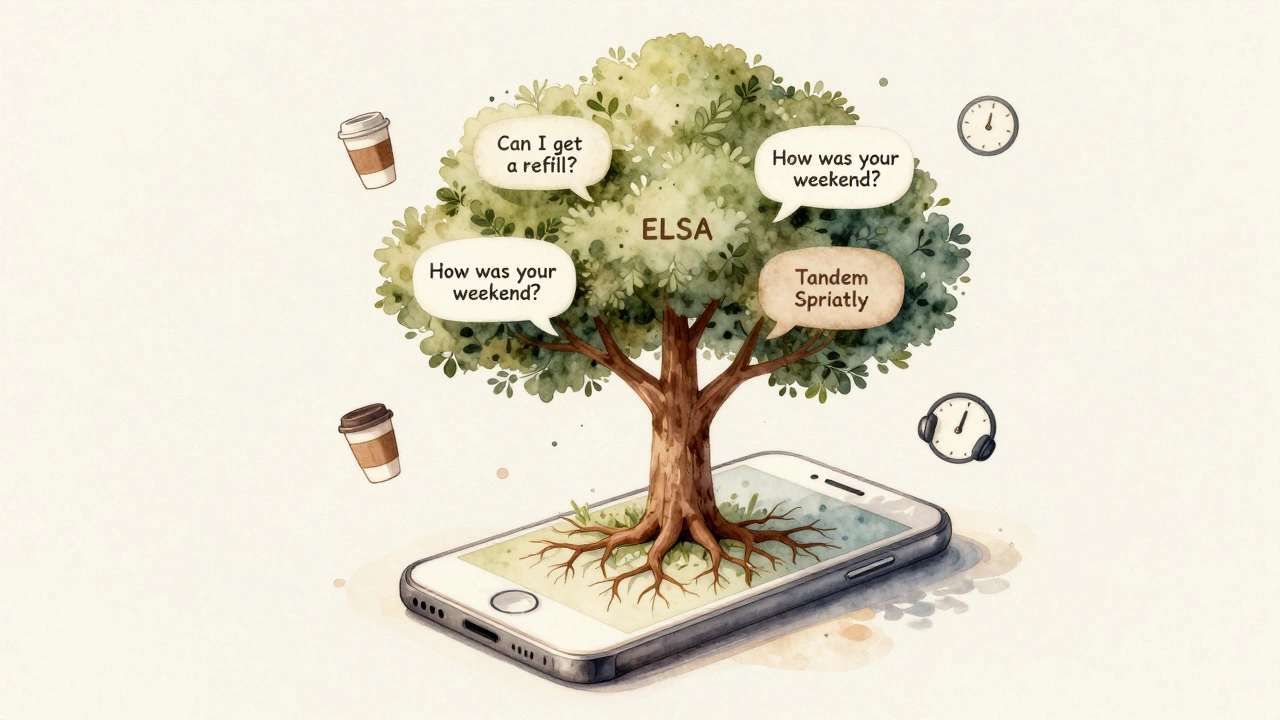 Tree growing from a phone, branches formed by common English conversation phrases.