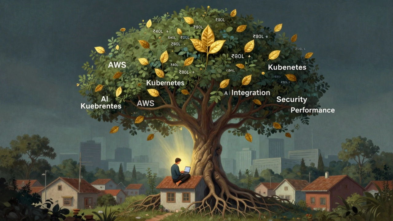 Tree of coding skills with salary leaves growing from a small-town home, symbolizing career growth through expertise.