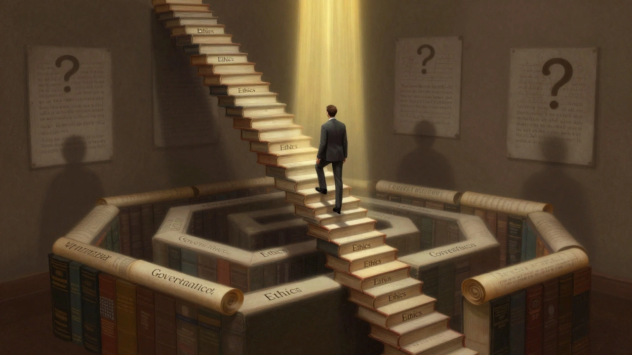 A lone figure climbing a staircase made of books and scrolls toward a golden light, symbolizing the UPSC exam.