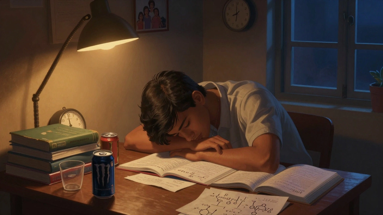 A tired Indian student studying late at night surrounded by engineering textbooks and energy drinks.