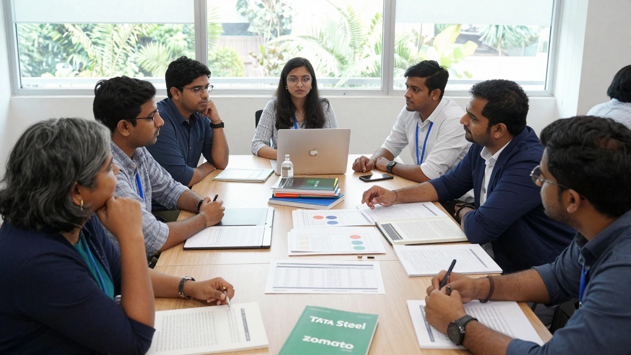 Diverse group of professionals aged 38–50 debate case studies in an EMBA classroom at IIM Bangalore, daylight streaming through windows.