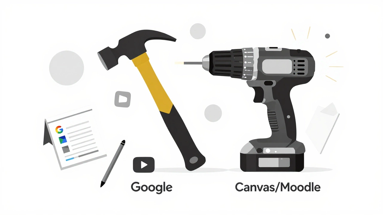 Hammer representing Google Classroom next to advanced LMS drill, surrounded by supplementary tools.