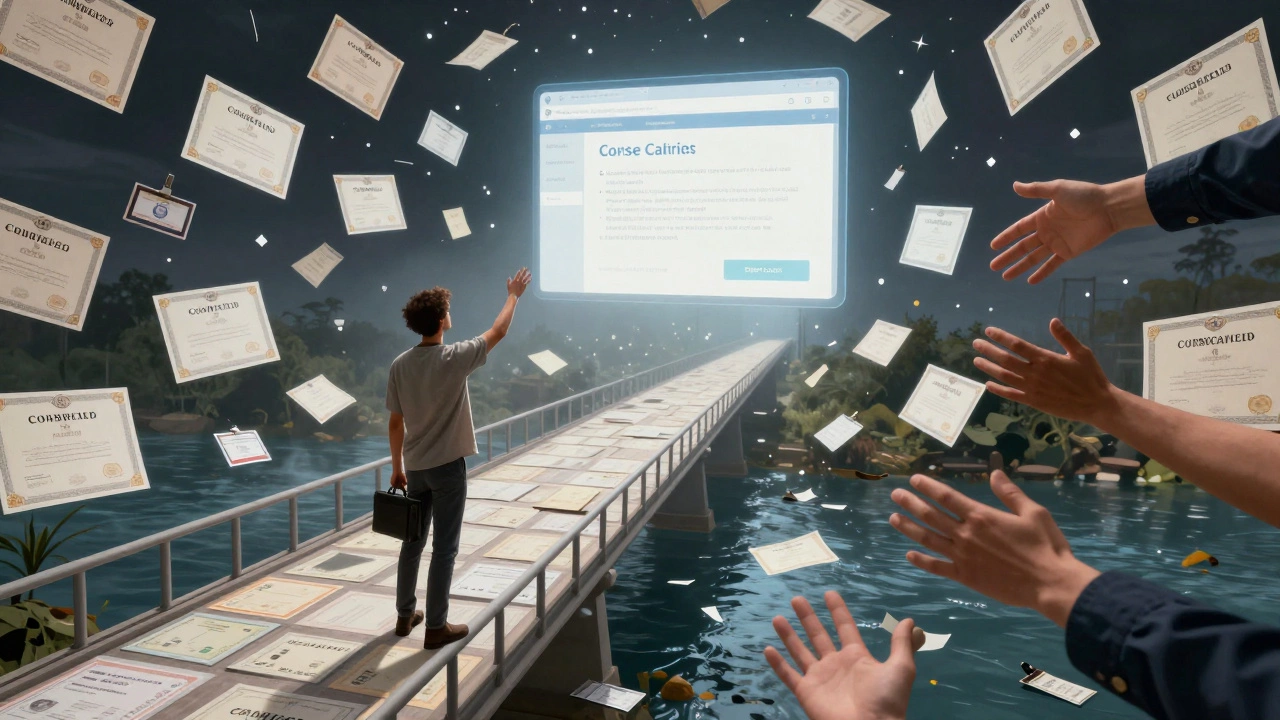 Person reaching from a bridge of certificates toward a portal shaped like a portfolio website.