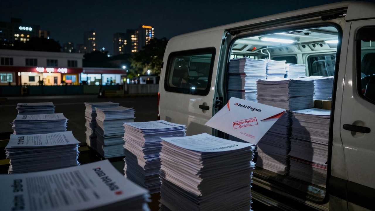 Secure delivery of region-specific CBSE exam papers in Delhi at night under surveillance.