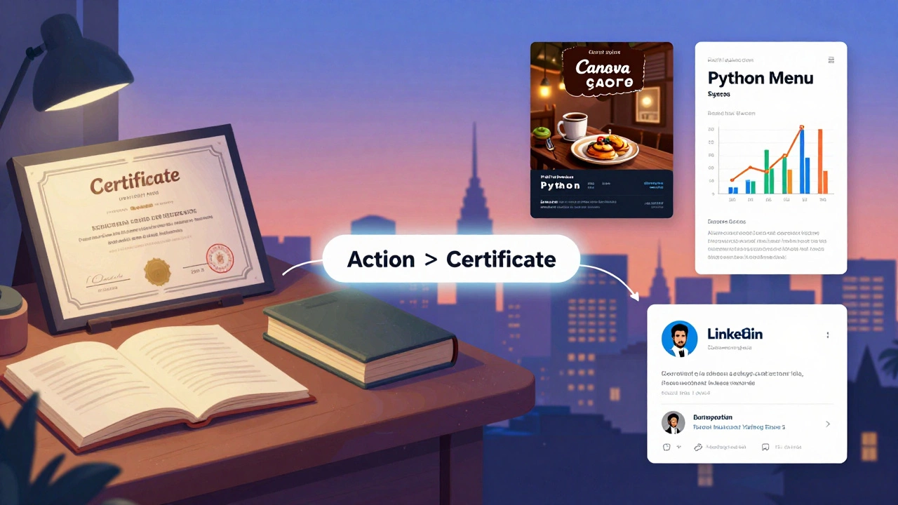 Split image: unused certificate vs. real projects like data charts and design work.
