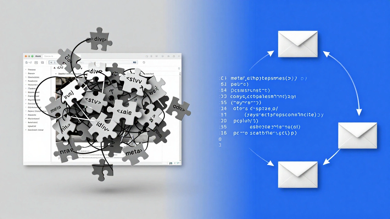 Split screen: chaotic HTML tags vs. clean Python code automating emails.