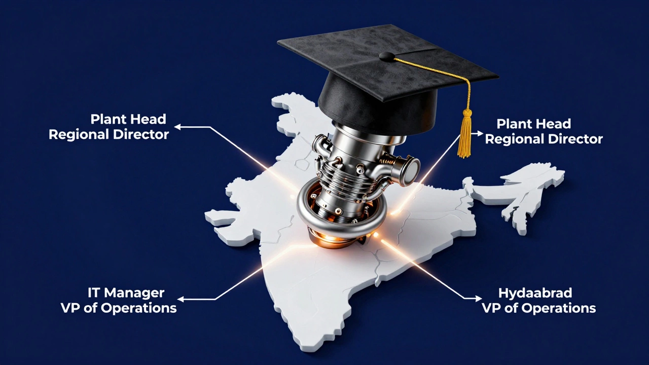 Turbocharger fused with a graduation cap above India map, showing career paths from technical roles to leadership positions.