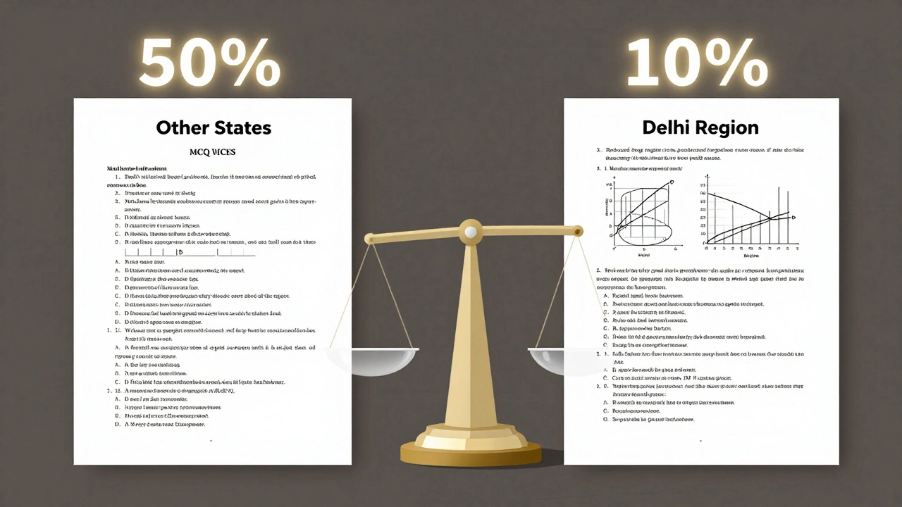 Two exam papers compared: one simple, one complex, with percentile scale showing equal fairness.