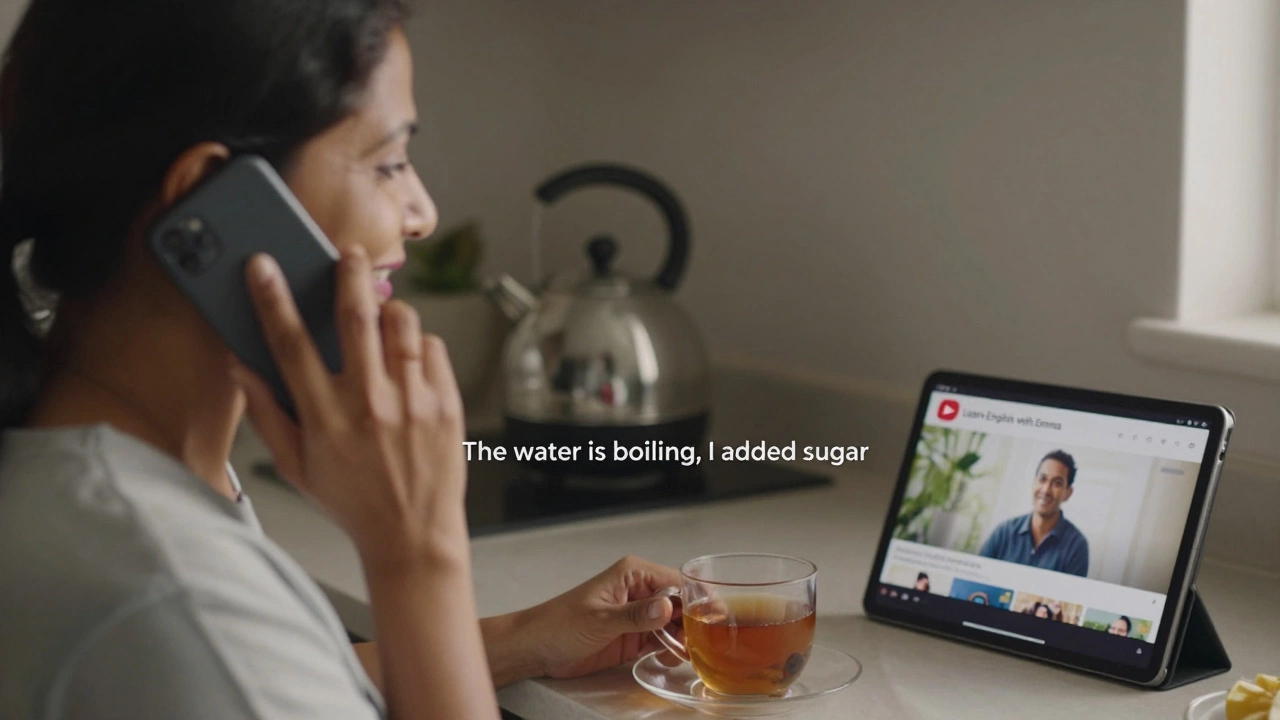 Woman speaking English into her phone while making tea, YouTube video visible in background.