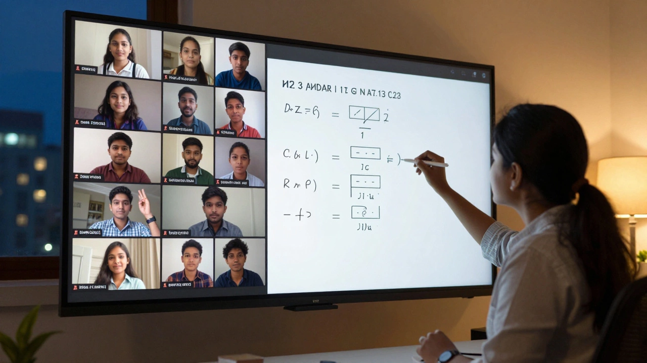 A live virtual classroom in India with teacher and students interacting on screen during an online lesson.