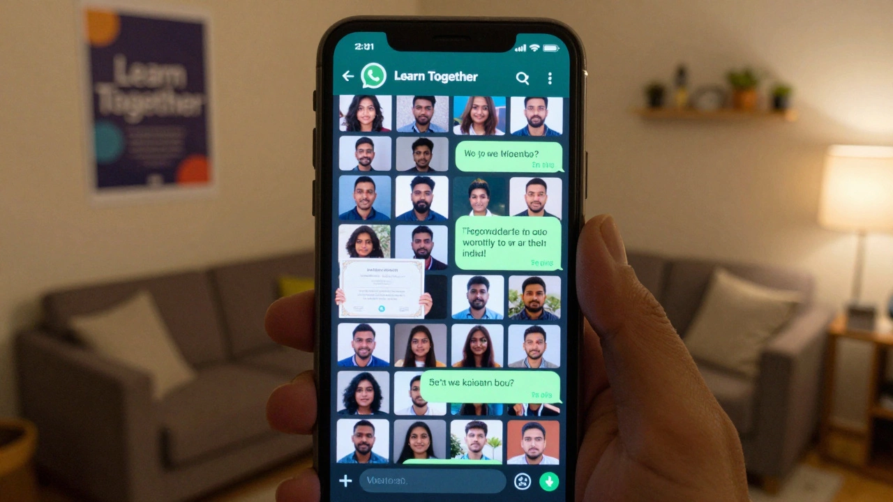 A smartphone showing a WhatsApp group of learners exchanging messages and sharing course completion certificates.
