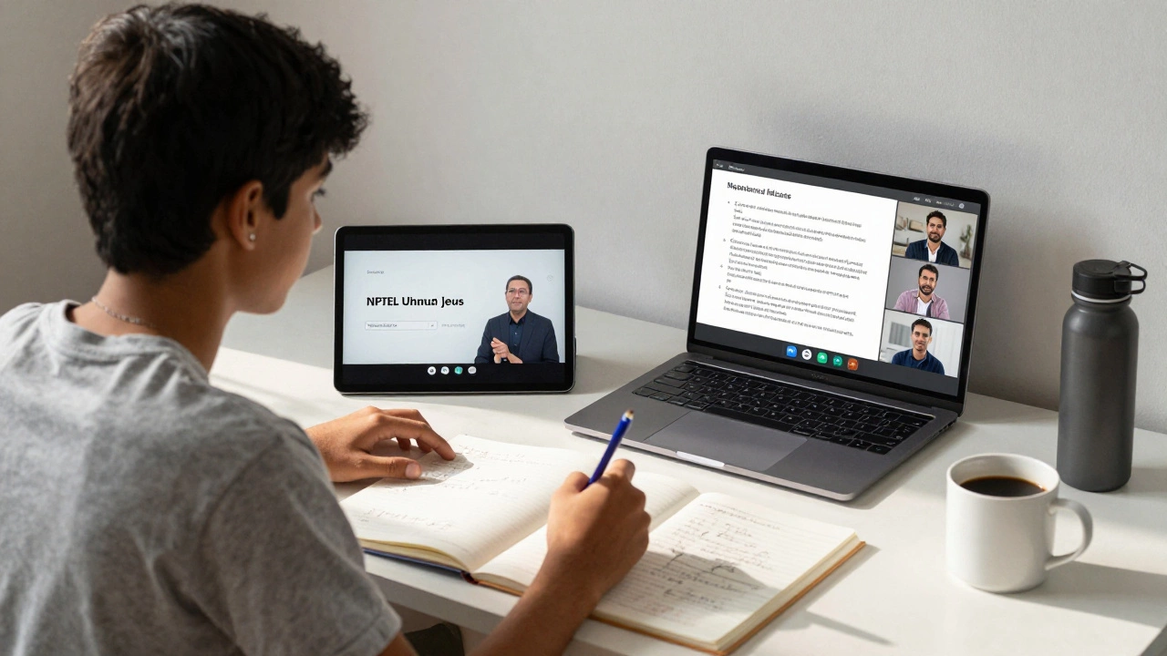 A student using both recorded eLearning and live virtual session side by side in a home study space.