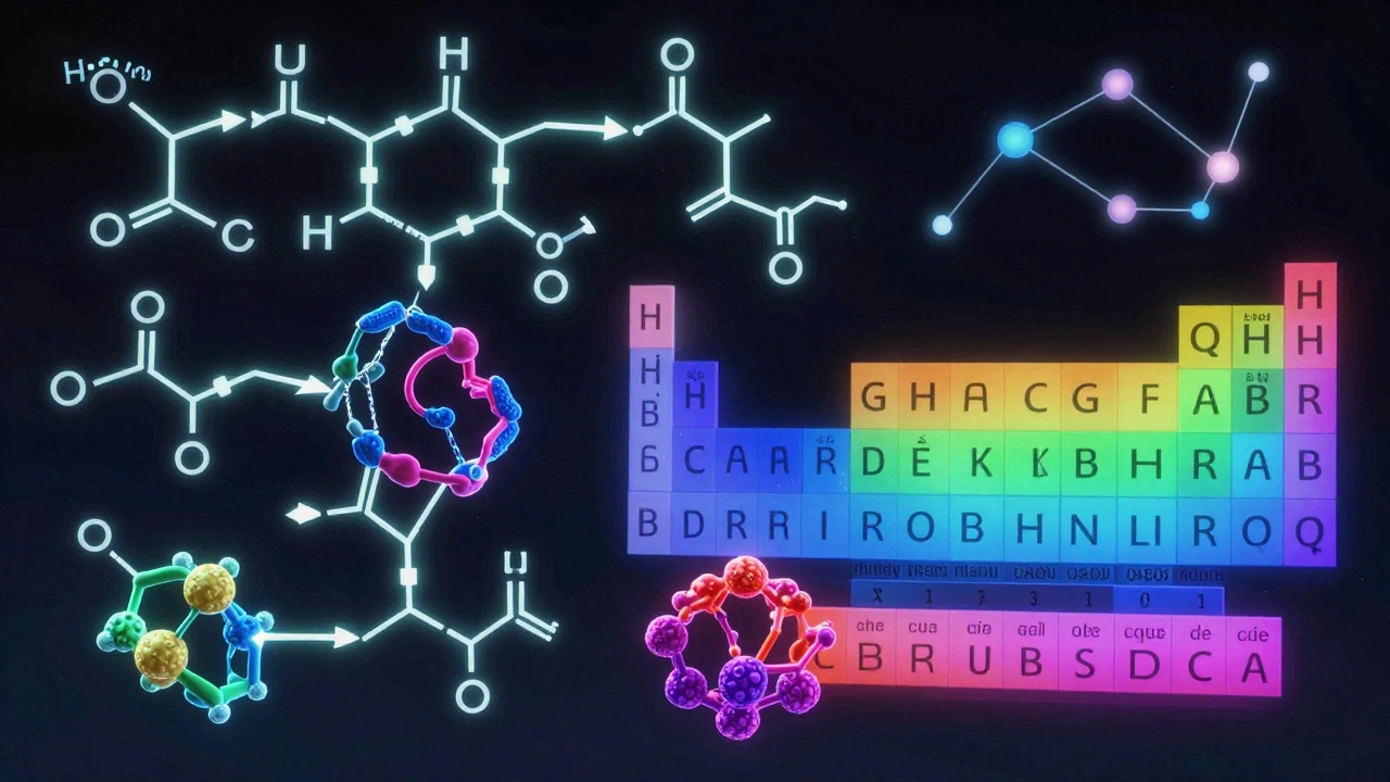 Colorful conceptual diagram of organic chemistry reactions and periodic trends glowing in a dark space.