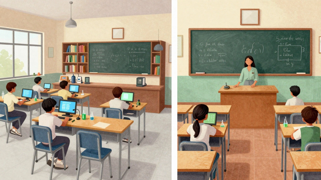 Contrast between a well-equipped urban CBSE school and a rural classroom with limited resources.