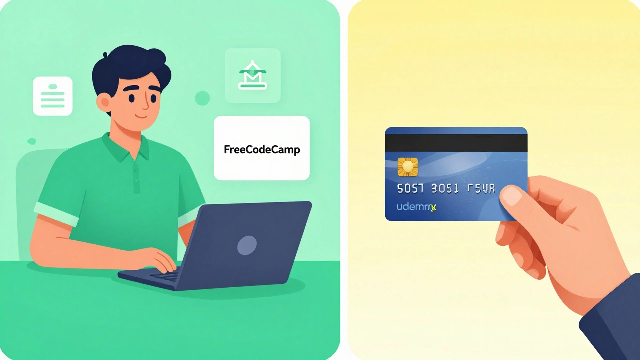 Split-screen: freeCodeCamp study and Udemy payment process.