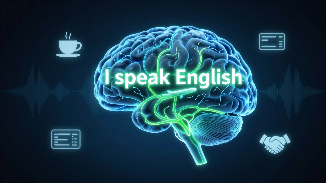 A brain with glowing pathways forming the phrase 'I speak English,' symbolizing fluency through daily practice.