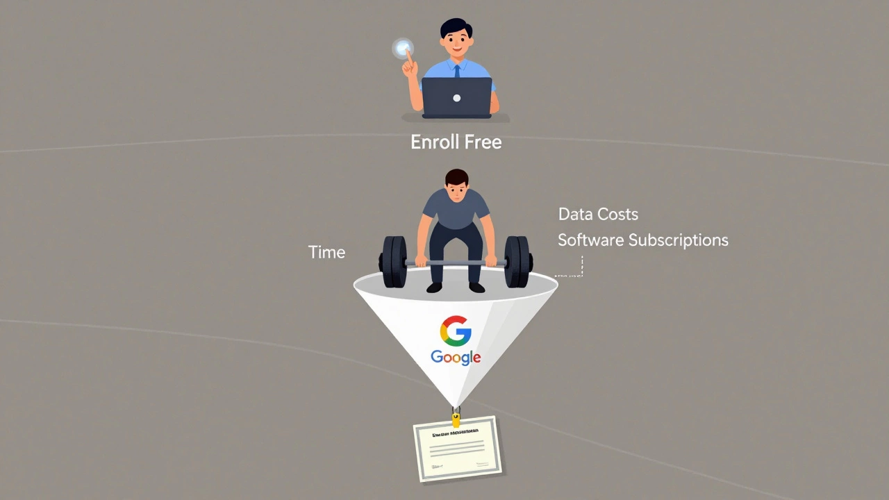 A symbolic funnel shows how free online courses lead to hidden costs and corporate data collection, with a certificate just out of reach.