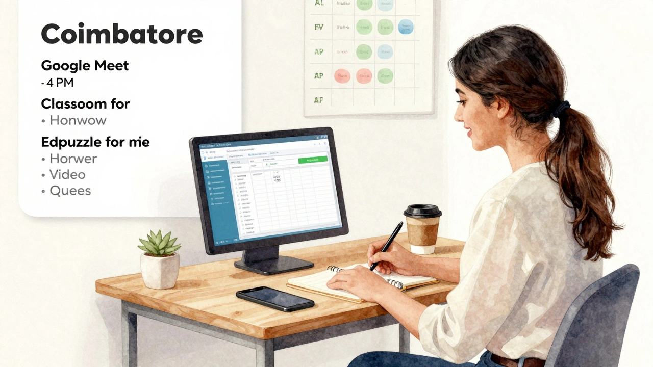 A teacher reviewing student progress on a desk with a phone and notebook, sunlight streaming in.