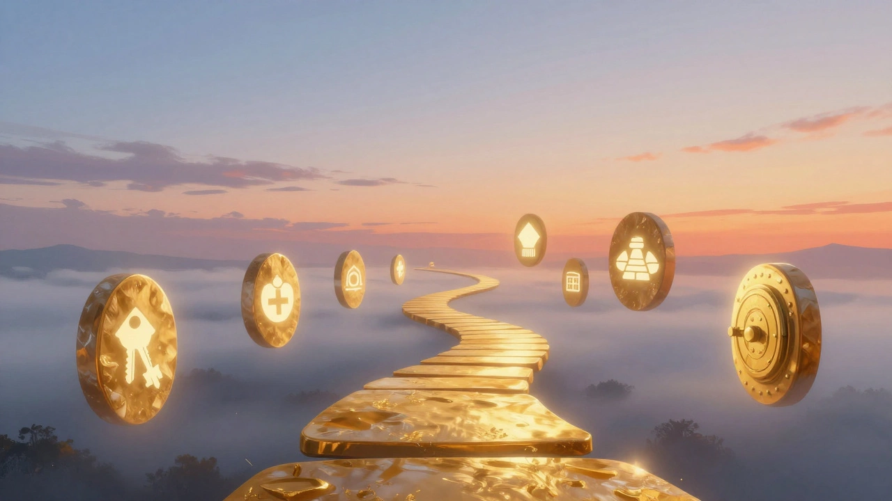 Abstract career pathway with milestone symbols floating in sky