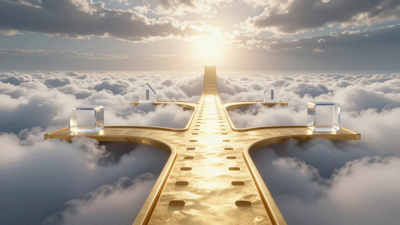 Abstract golden path rising through clouds symbolizing career growth timeline.