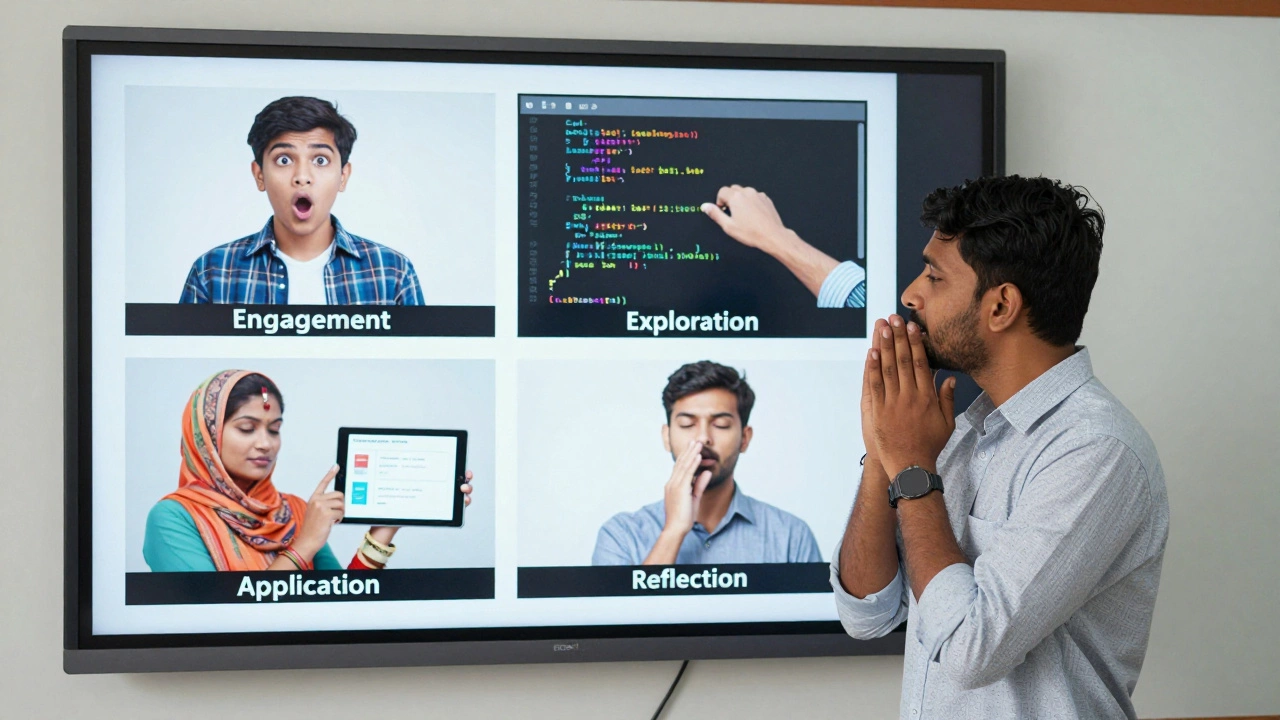 An Indian educator showing interactive eLearning stages on a digital board, with learners engaged in real-world tasks.