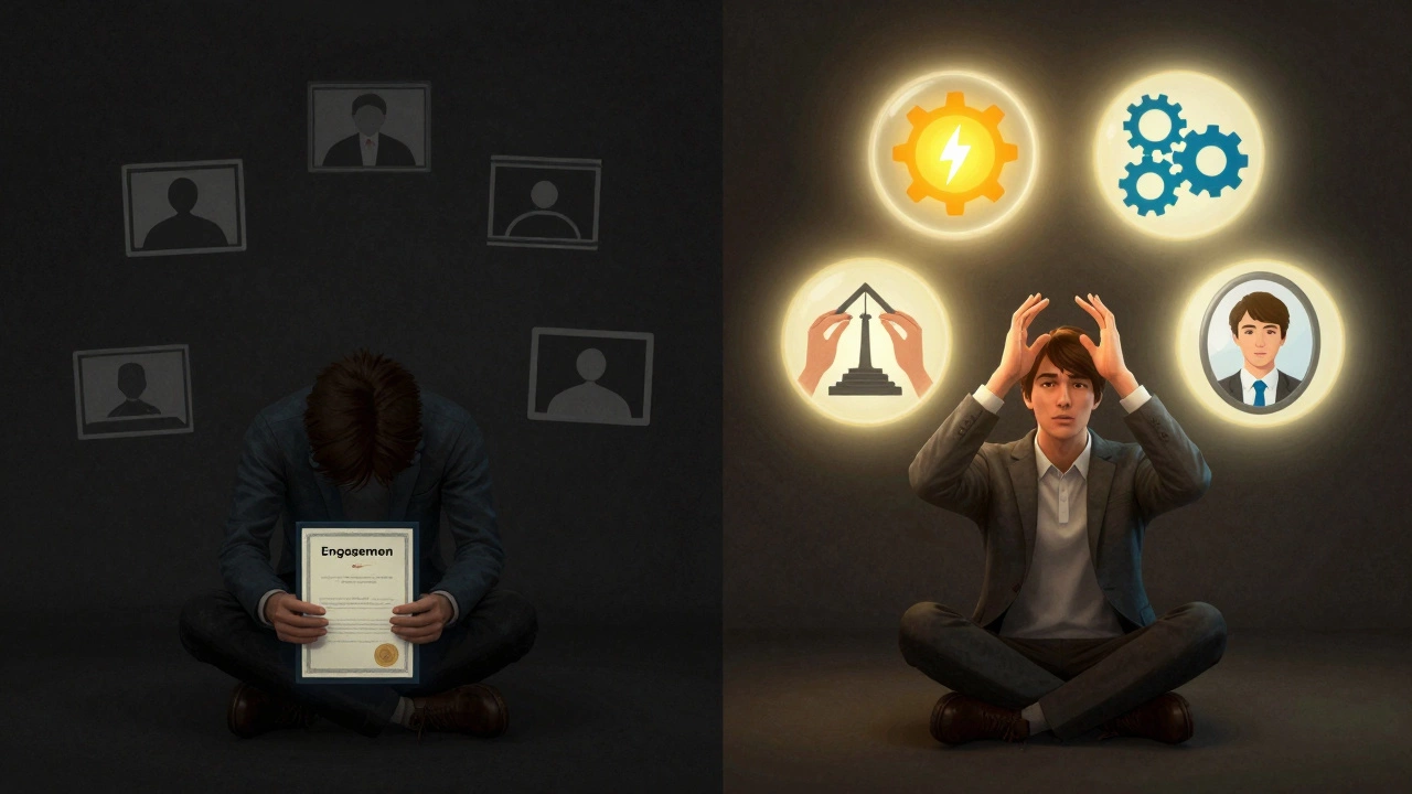 Before and after: a passive learner transformed into an active one through the four stages of effective eLearning.