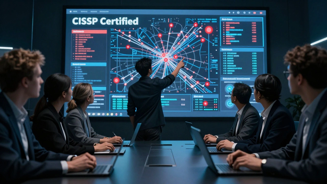 Cybersecurity team analyzing threat data in a war room, with a CISSP-certified expert leading.