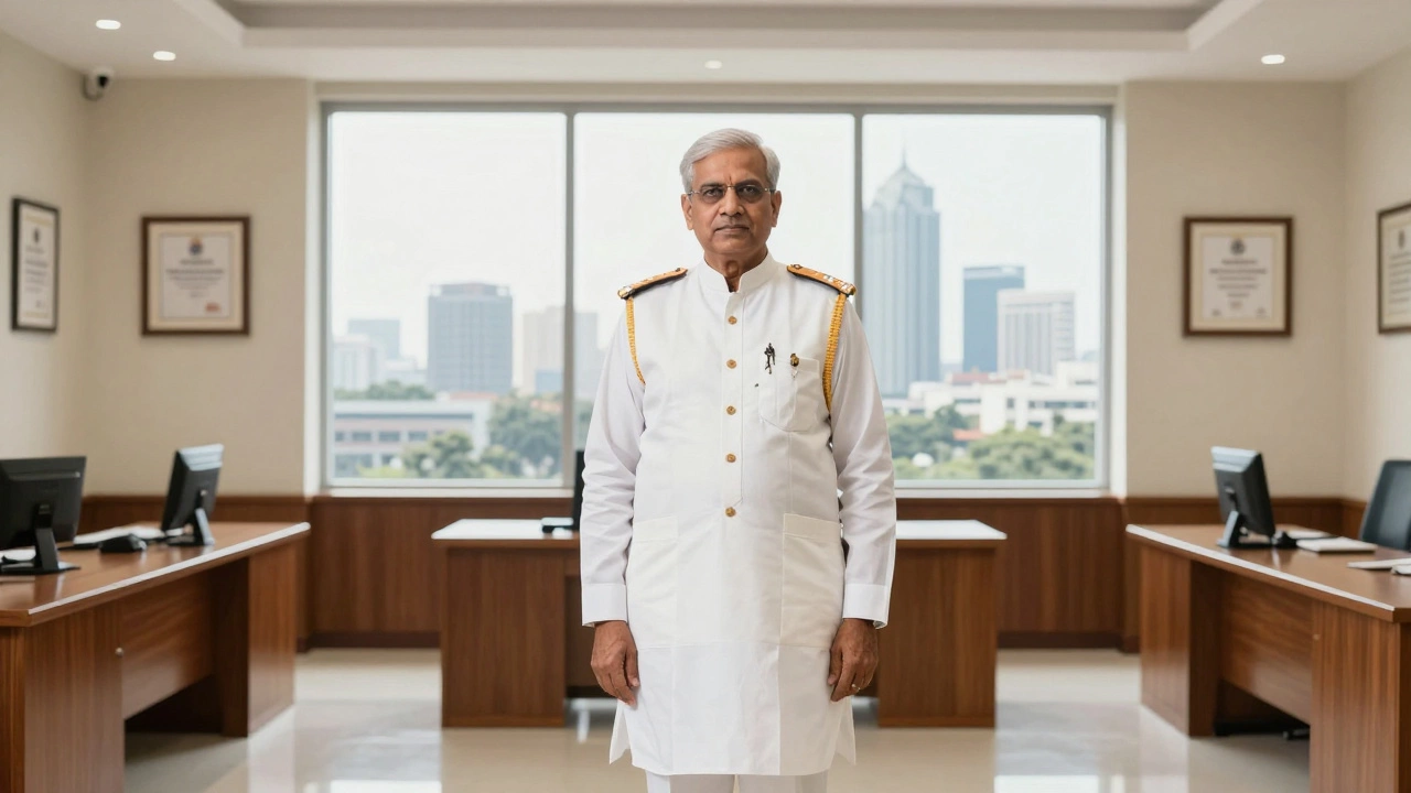 Indian civil servant standing in government office overlooking city