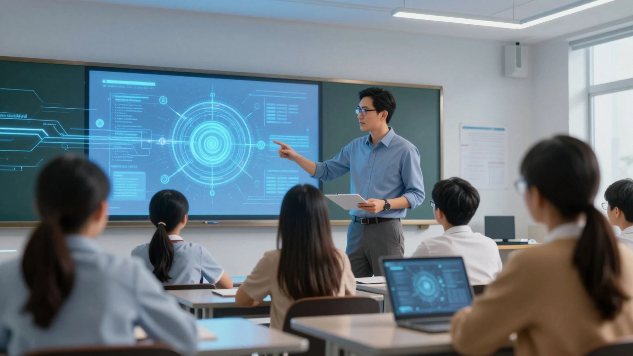 Modern classroom scene showing teacher mentorship alongside digital technology integration.