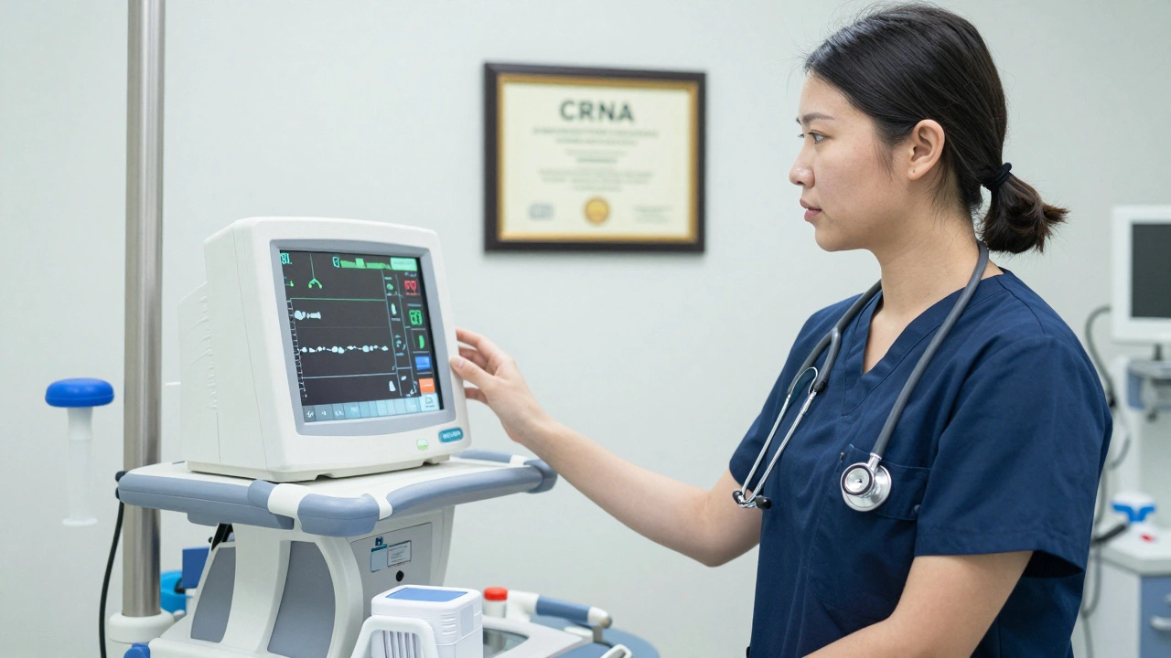 Nurse anesthetist monitoring patient vitals in an operating room, CRNA certification visible on the wall.