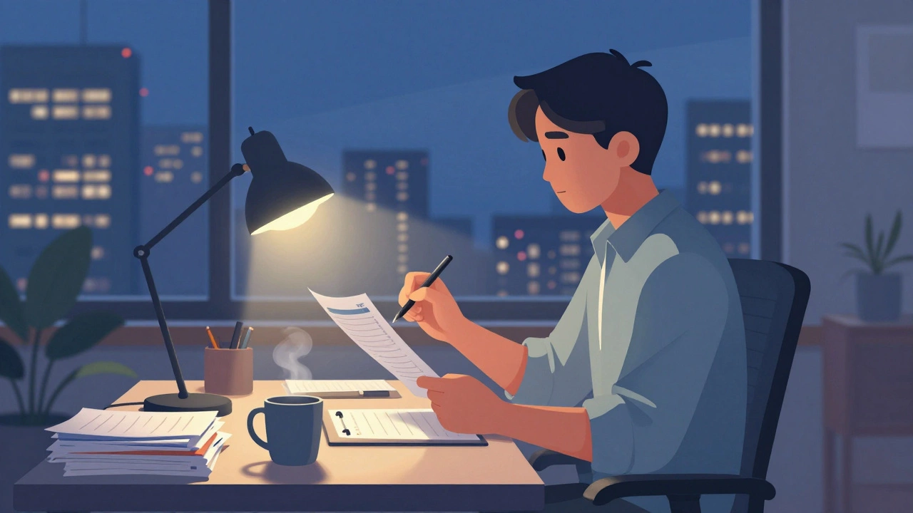 Professional working late at a desk with papers and a city skyline view.
