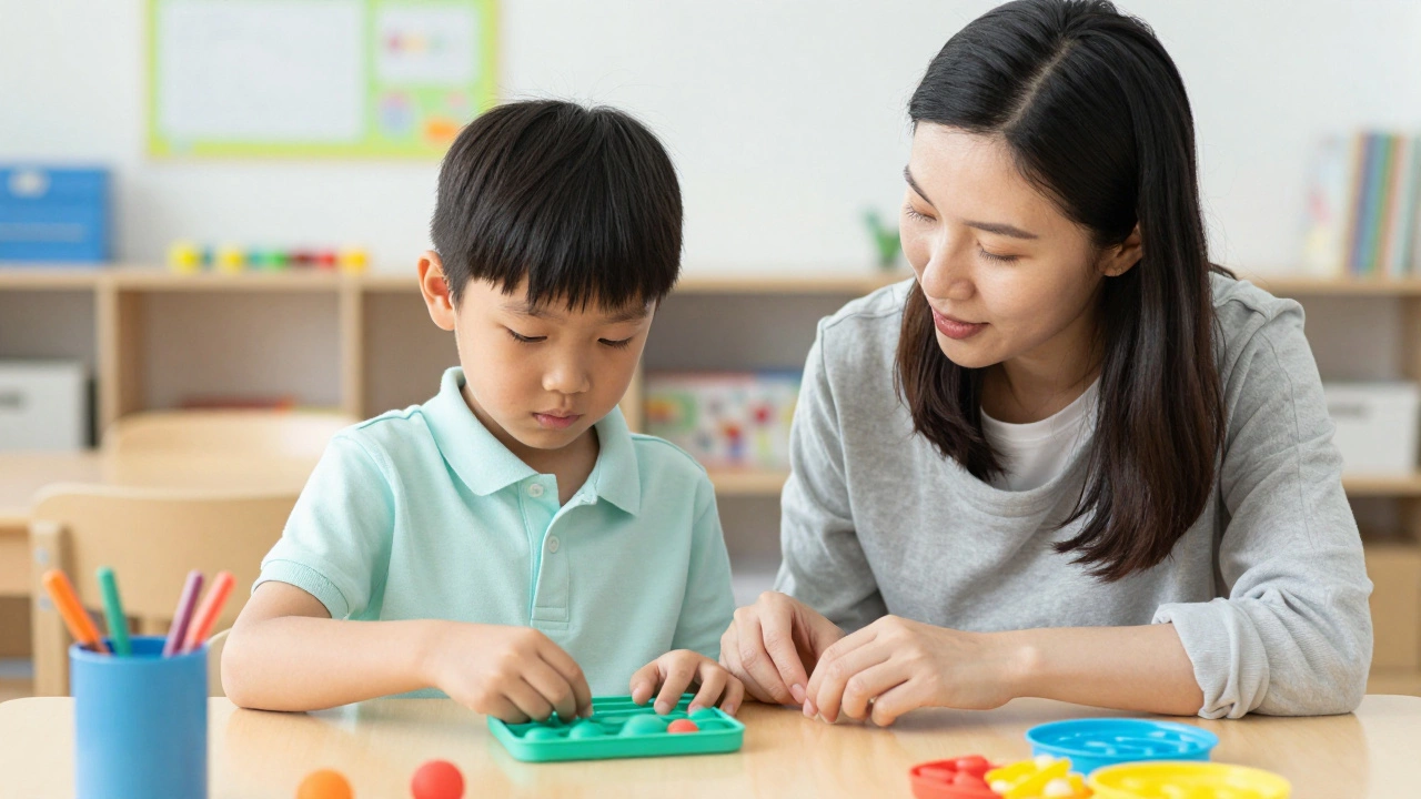 Special education teacher working one-on-one with a student using sensory tools.