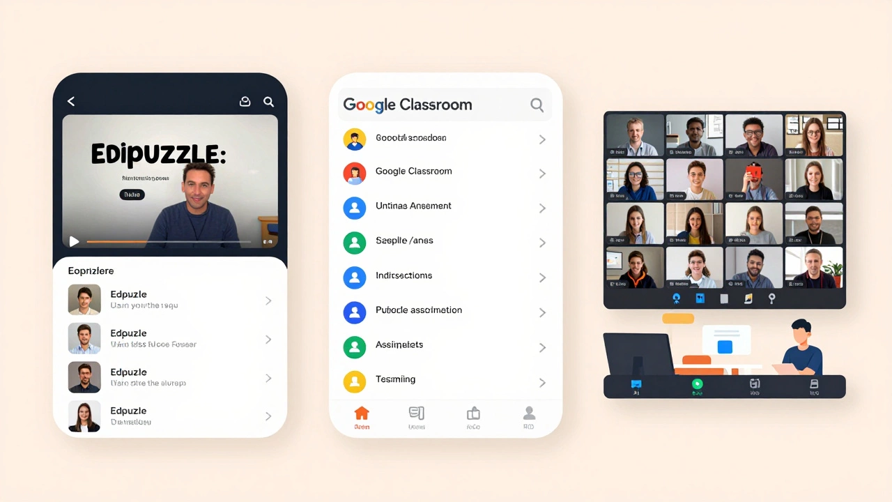 Three educational apps displayed side by side: Edpuzzle, Google Classroom, and Microsoft Teams in use.