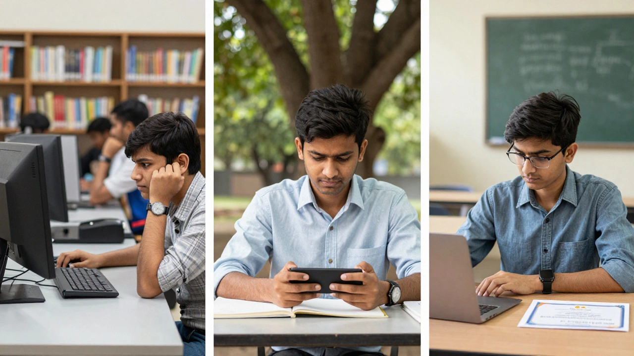 Three scenes comparing learning paths in India: public library, outdoor YouTube study, and official NPTEL exam — highlighting true accessibility.