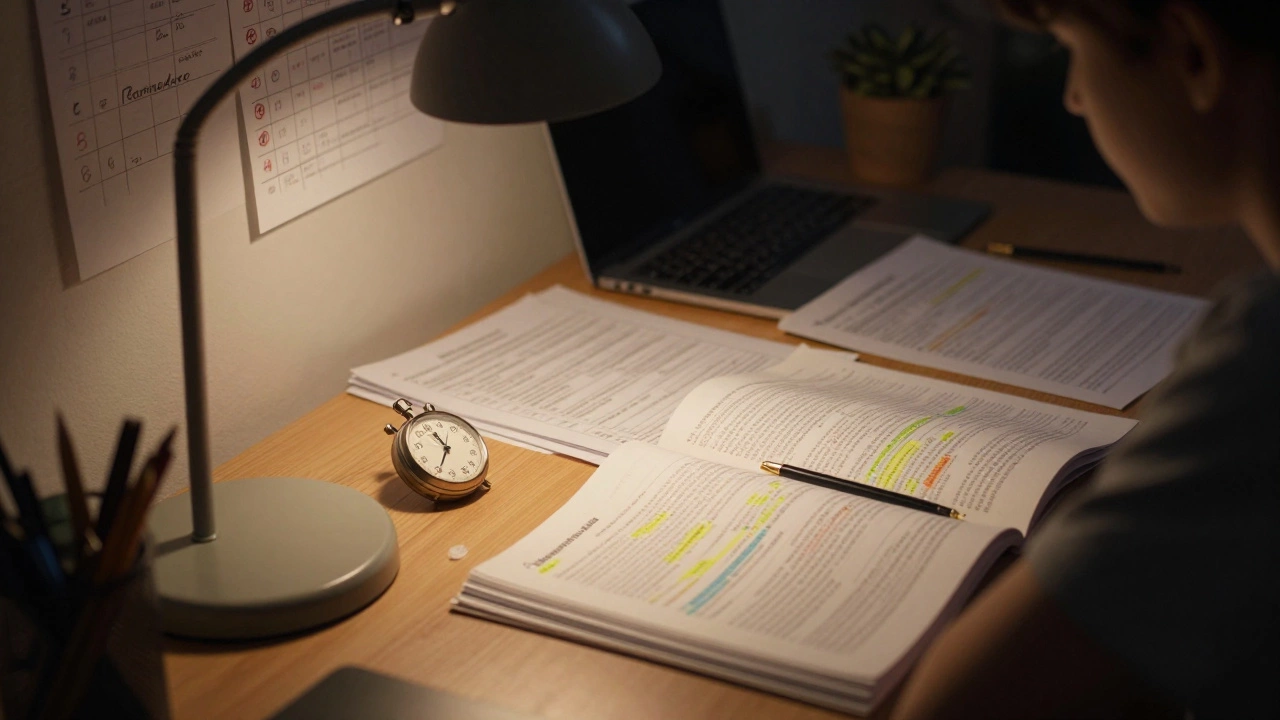 A student's desk at night with mock tests, a stopwatch, and a lamp for exam preparation.